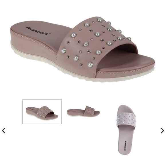 Romika Shoes - Romika Studded Embellished Slides Rose Faux Pearl Sandals Leather Upper Arch